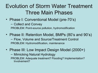 Evolution of Storm Water Treatment Three Main Phases Phase I: Conventional Model (pre-70’s) Collect and Convey PROBLEM: Point-source pollution, hydromodification Phase II: Retention Model, BMPs (80’s and 90’s) Flow, Volume and Source/Treatment Control PROBLEM: Hydromodification, maintenance Phase III: Low Impact Design Model (2000+) Mimicking Natural Hydrology PROBLEM: Adequate treatment? Flooding? Implementation? Involvement? 