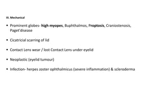 III. Mechanical
 Prominent globes- high myopes, Buphthalmos, Proptosis, Craniostenosis,
Paget'disease
 Cicatricial scarring of lid
 Contact Lens wear / lost Contact Lens under eyelid
 Neoplastic (eyelid tumour)
 Infection- herpes zoster ophthalmicus (severe inflammation) & scleroderma
 