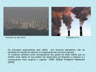 Poluição em São Paulo                                     Poluição do Ar




  Os principais responsáveis pelo déficit nos recursos planetários, são as
  emissões de dióxido de carbono e a exploração dos recursos naturais.
  “A mudança climática como consequência dos gases de efeito estufa que se
  emitem mais rápido do que podem ser absorvidos por florestas e oceanos é a
  consequência mais tangível e urgente.” ONG Global Footprint Netwoork
  (GFN)
 
