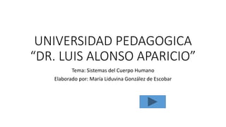 UNIVERSIDAD PEDAGOGICA
“DR. LUIS ALONSO APARICIO”
Tema: Sistemas del Cuerpo Humano
Elaborado por: María Liduvina González de Escobar
 