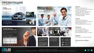 Клиент:
Reinex – автоцентр,
оказывающий комплексные
услуги по уходу за
автомобилем. Применяет
новейшие технологии
защиты кузова и салона.
Г. Екатеринбург
Задача:
Строгий дизайн для
автоцентра премиум-класса,
редактирование и
структурирование текстов.
Решение:
Текстовые блоки
расположены на фоне
фотографий людей и
автомобилей класса «Люкс».
Формат:
16:9 (как эта презентация)
Количество слайдов:
10
ПРЕЗЕНТАЦИИ
ПОНРАВИЛОСЬ? НАПИШИТЕ МНЕ
П Р Е З Е Н Т А Ц И И ● Р Е К Л А М Н Ы Е Б А Н Н Е Р Ы ● Ф И Р М Е Н Н Ы Й С Т И Л Ь И П О Л И Г Р А Ф И Я ● К О П И Р А Й Т И Н ГФ О Т О Р А Б О Т Ы ●
О L I B L A B ● К Л И Е Н Т Ы ● К О Н Т А К Т Ы
16LIBLAB
.
МАРКЕТИНГОВЫЙ ДИЗАЙН
 