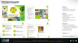 Клиент:
Спортивно-
реабилитационный центр
«Новый шаг», г. Москва
Задача:
Разработка дизайна
презентации,
редактирование текстов с
точки зрения
клиеноориентированного
подхода.
Решение:
Светлый чистый дизайн,
дополненный инфографикой
и графическими элементами
в жизнерадостных
фирменных цветах.
Формат: А4
Количество слайдов: 21
ПРЕЗЕНТАЦИИ
ПОНРАВИЛОСЬ? НАПИШИТЕ МНЕ
П Р Е З Е Н Т А Ц И И ● Р Е К Л А М Н Ы Е Б А Н Н Е Р Ы ● Ф И Р М Е Н Н Ы Й С Т И Л Ь И П О Л И Г Р А Ф И Я ● К О П И Р А Й Т И Н ГФ О Т О Р А Б О Т Ы ●
О L I B L A B ● К Л И Е Н Т Ы ● К О Н Т А К Т Ы
19LIBLAB
.
МАРКЕТИНГОВЫЙ ДИЗАЙН
 