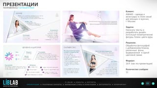 Клиент:
AWAKE – одежда и
аксессуары в стиле casual
для женщин и мужчин,
г. Москва
Задача:
Написать тексты и
разработать дизайн,
используя геометрические
фигуры, блики, цвета ауры.
Решение:
Обработка фотографий
с добавлением бликов,
различные фоны,
выдержанные в одной
цветовой гамме.
Формат:
16:9 (как эта презентация)
Количество слайдов:
11
ПРЕЗЕНТАЦИИ
ПОНРАВИЛОСЬ? НАПИШИТЕ МНЕ
П Р Е З Е Н Т А Ц И И ● Р Е К Л А М Н Ы Е Б А Н Н Е Р Ы ● Ф И Р М Е Н Н Ы Й С Т И Л Ь И П О Л И Г Р А Ф И Я ● К О П И Р А Й Т И Н ГФ О Т О Р А Б О Т Ы ●
О L I B L A B ● К Л И Е Н Т Ы ● К О Н Т А К Т Ы
33LIBLAB
.
МАРКЕТИНГОВЫЙ ДИЗАЙН
 