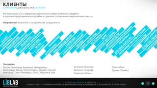 П Р Е З Е Н Т А Ц И И ● Р Е К Л А М Н Ы Е Б А Н Н Е Р Ы ● Ф И Р М Е Н Н Ы Й С Т И Л Ь И П О Л И Г Р А Ф И Я ● К О П И Р А Й Т И Н ГФ О Т О Р А Б О Т Ы ●
О L I B L A B ● К Л И Е Н Т Ы ● К О Н Т А К Т Ы
8
КЛИЕНТЫ
Вне зависимости от направления деятельности любая компания нуждается
в красивом представительном дизайне и грамотно составленных маркетинговых текстах.
Направления компаний, с которыми уже сотрудничала:
НАПРАВЛЕНИЯ ДЕЯТЕЛЬНОСТИ И ГЕОГРАФИЯ
География:
Россия: Волгоград, Волжский, Екатеринбург,
Зеленоград, Казань, Магнитогорск, Москва, Нижний
Новгород, Санкт-Петербург, Сочи , Хабаровск, Уфа
Болгария: Поморие
Испания: Тенерифе
Казахстан: Астана
LIBLAB
.
МАРКЕТИНГОВЫЙ ДИЗАЙН
Люксембург
Турция: Стамбул
 
