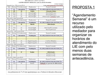 PROPOSTA 1 “ Agendamento Semanal” é um recurso utilizado pelo mediador para organizar os horários de atendimento do LIE com pelo menos duas semanas de antecedência. 
