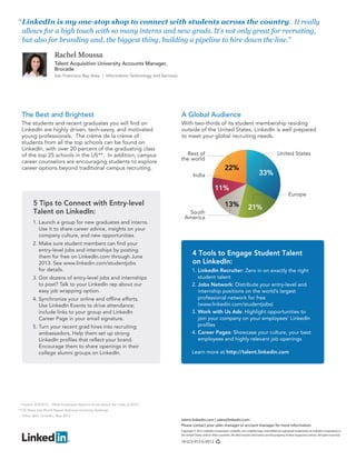 “ LinkedIn is my one-stop shop to connect with students across the country. It really
  allows for a high touch with so many interns and new grads. It's not only great for recruiting,
  but also for branding and, the biggest thing, building a pipeline to hire down the line.”

                      Rachel Moussa
                      Talent Acquisition University Accounts Manager,
                      Brocade
                      San Francisco Bay Area          Information Technology and Services




  The Best and Brightest                                                                    A Global Audience
  The students and recent graduates you will find on                                        With two-thirds of its student membership residing
  LinkedIn are highly driven, tech-savvy, and motivated                                     outside of the United States, LinkedIn is well prepared
  young professionals. The crème de la crème of                                             to meet your global recruiting needs.
  students from all the top schools can be found on
  LinkedIn, with over 20 percent of the graduating class
  of the top 25 schools in the US**. In addition, campus                                      Rest of                                                                       United States
  career counselors are encouraging students to explore                                     the world
  career options beyond traditional campus recruiting.                                                                          22%
                                                                                                     India                                                   33%

                                                                                                                        11%
                                                                                                                                                                                     Europe
         5 Tips to Connect with Entry-level                                                                                     13%                 21%
         Talent on LinkedIn:                                                                   South
                                                                                              America
        1. Launch a group for new graduates and interns.
           Use it to share career advice, insights on your
           company culture, and new opportunities.
        2. Make sure student members can find your
           entry-level jobs and internships by posting
           them for free on LinkedIn.com through June
                                                                                                     4 Tools to Engage Student Talent
           2013. See www.linkedin.com/studentjobs                                                    on LinkedIn:
           for details.                                                                              1. LinkedIn Recruiter: Zero in on exactly the right
        3. Got dozens of entry-level jobs and internships                                               student talent
           to post? Talk to your LinkedIn rep about our                                              2. Jobs Network: Distribute your entry-level and
           easy job wrapping option.                                                                    internship positions on the world’s largest
        4. Synchronize your online and offline efforts.                                                 professional network for free
           Use LinkedIn Events to drive attendance;                                                     (www.linkedin.com/studentjobs)
           include links to your group and LinkedIn                                                  3. Work with Us Ads: Highlight opportunities to
           Career Page in your email signature.                                                         join your company on your employees' LinkedIn
        5. Turn your recent grad hires into recruiting                                                  profiles
           ambassadors. Help them set up strong                                                      4. Career Pages: Showcase your culture, your best
           LinkedIn profiles that reflect your brand.                                                   employees and highly relevant job openings
           Encourage them to share openings in their
           college alumni groups on LinkedIn.                                                        Learn more at http://talent.linkedin.com




* Forbes, 4/3/2012, “What Employers Need to Know About the Class of 2012”
** US News and World Report National University Rankings
  Other data: LinkedIn, May 2012
                                                                                            talent.linkedin.com | sales@linkedin.com
                                                                                            Please contact your sales manager or account manager for more information.
                                                                                            Copyright © 2012 LinkedIn Corporation. LinkedIn, the LinkedIn logo, and InMail are registered trademarks of LinkedIn Corporation in
                                                                                            the United States and/or other countries. All other brands and names are the property of their respective owners. All rights reserved.

                                                                                            10-LCS-012-G 0512
 