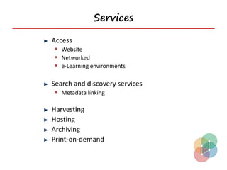 Services

Access
 Website
 Networked
 e-Learning environments

Search and discovery services
 Metadata linking

Harvesting
Hosting
Archiving
Print-on-demand
 
