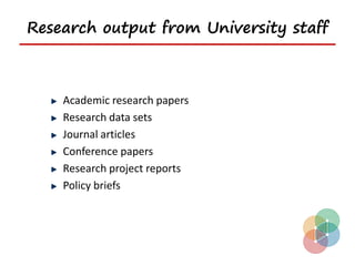 Research output from University staff



    Academic research papers
    Research data sets
    Journal articles
    Conference papers
    Research project reports
    Policy briefs
 