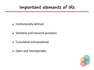 Important elements of IRs


Institutionally defined

Scholarly and research purposes

Cumulative and perpetual

Open and interoperable
 