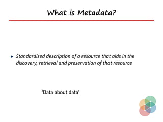 What is Metadata?




Standardised description of a resource that aids in the
discovery, retrieval and preservation of that resource




           ‘Data about data’
 