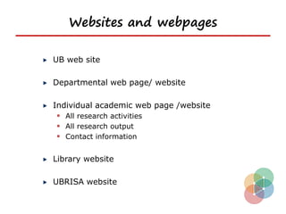 Websites and webpages

UB web site

Departmental web page/ website

Individual academic web page /website
  All research activities
  All research output
  Contact information

Library website

UBRISA website
 