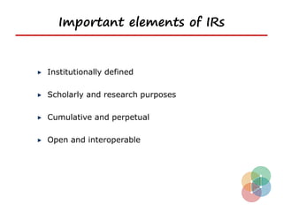 Important elements of IRs


Institutionally defined

Scholarly and research purposes

Cumulative and perpetual

Open and interoperable
 