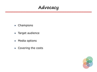Advocacy



Champions

Target audience

Media options

Covering the costs
 