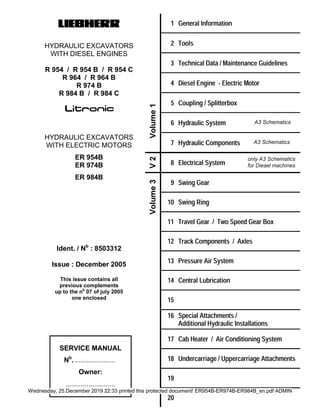 MJFCIFSS!
HYDRAULIC EXCAVATORS
WITH DIESEL ENGINES
R 954 / R 954 B / R 954 C
R 964 / R 964 B
R 974 B
R 984 B / R 984 C
HYDRAULIC EXCAVATORS
WITH ELECTRIC MOTORS
ï Ù»²»®¿´ ×²º±®³¿¬·±²
î Ì±±´­
í Ì»½¸²·½¿´ Ü¿¬¿ ñ Ó¿·²¬»²¿²½» Ù«·¼»´·²»­
ì Ü·»­»´ Û²¹·²» ó Û´»½¬®·½ Ó±¬±®
ë Ý±«°´·²¹ ñ Í°´·¬¬»®¾±¨
ê Ø§¼®¿«´·½ Í§­¬»³
é Ø§¼®¿«´·½ Ý±³°±²»²¬­
ER 954B
ER 974B è Û´»½¬®·½¿´ Í§­¬»³
ER 984B
Ident. / Nb
: 8503312
Issue : December 2005
This issue contains all
previous complements
up to the nb
07 of july 2005
one enclosed
ç Í©·²¹ Ù»¿®
ïð Í©·²¹ Î·²¹
ïï Ì®¿ª»´ Ù»¿® ñ Ì©± Í°»»¼ Ù»¿® Þ±¨
ïî Ì®¿½µ Ý±³°±²»²¬­ ñ ß¨´»­
ïí Ð®»­­«®» ß·® Í§­¬»³
ïì Ý»²¬®¿´ Ô«¾®·½¿¬·±²
ïë
ïê Í°»½·¿´ ß¬¬¿½¸³»²¬­ ñ
ß¼¼·¬·±²¿´ Ø§¼®¿«´·½ ×²­¬¿´´¿¬·±²­
ïé Ý¿¾ Ø»¿¬»® ñ ß·® Ý±²¼·¬·±²·²¹ Í§­¬»³
ïè Ë²¼»®½¿®®·¿¹» ñ Ë°°»®½¿®®·¿¹» ß¬¬¿½¸³»²¬­
ïç
îð
SERVICE MANUAL
Nb
. .....................
Owner:
..........................
Wednesday, 25.December 2019 22:33 printed this protected document! ER954B-ER974B-ER984B_en.pdf ADMIN
 
