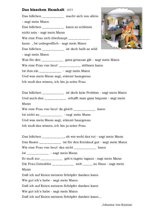 Das Lied Das Bisschen Haushalt B1 Lied : das bisschen Haushalt _ Arbeitsblatt