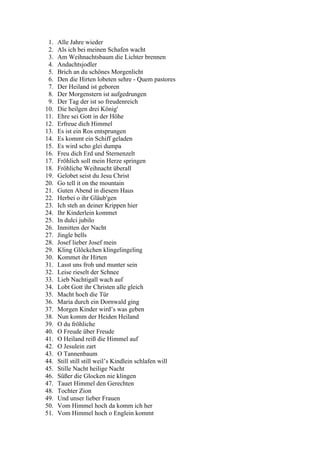 1. Alle Jahre wieder
2. Als ich bei meinen Schafen wacht
3. Am Weihnachtsbaum die Lichter brennen
4. Andachtsjodler
5. Brich an du schönes Morgenlicht
6. Den die Hirten lobeten sehre - Quem pastores
7. Der Heiland ist geboren
8. Der Morgenstern ist aufgedrungen
9. Der Tag der ist so freudenreich
10. Die heilgen drei König'
11. Ehre sei Gott in der Höhe
12. Erfreue dich Himmel
13. Es ist ein Ros entsprungen
14. Es kommt ein Schiff geladen
15. Es wird scho glei dumpa
16. Freu dich Erd und Sternenzelt
17. Fröhlich soll mein Herze springen
18. Fröhliche Weihnacht überall
19. Gelobet seist du Jesu Christ
20. Go tell it on the mountain
21. Guten Abend in diesem Haus
22. Herbei o ihr Gläub'gen
23. Ich steh an deiner Krippen hier
24. Ihr Kinderlein kommet
25. In dulci jubilo
26. Inmitten der Nacht
27. Jingle bells
28. Josef lieber Josef mein
29. Kling Glöckchen klingelingeling
30. Kommet ihr Hirten
31. Lasst uns froh und munter sein
32. Leise rieselt der Schnee
33. Lieb Nachtigall wach auf
34. Lobt Gott ihr Christen alle gleich
35. Macht hoch die Tür
36. Maria durch ein Dornwald ging
37. Morgen Kinder wird’s was geben
38. Nun komm der Heiden Heiland
39. O du fröhliche
40. O Freude über Freude
41. O Heiland reiß die Himmel auf
42. O Jesulein zart
43. O Tannenbaum
44. Still still still weil’s Kindlein schlafen will
45. Stille Nacht heilige Nacht
46. Süßer die Glocken nie klingen
47. Tauet Himmel den Gerechten
48. Tochter Zion
49. Und unser lieber Frauen
50. Vom Himmel hoch da komm ich her
51. Vom Himmel hoch o Englein kommt
 