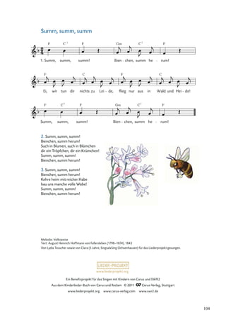 Ein Beneﬁzprojekt für das Singen mit Kindern von Carus und SWR2
Aus dem Kinderlieder-Buch von Carus und Reclam © 2011 Carus-Verlag, Stuttgart
www.liederprojekt.org www.carus-verlag.com www.swr2.de
www.liederprojekt.org
Summ, summ, summ
F
Summ,
C
summ,
7
F
summ! Bien
Gm
chen, summ he
C7
F
rum!
Ei,
F
wir tun dir nichts
C
zu Lei de, flieg
F
nur aus in Wald
C
und Hei de!
Summ, summ, summ!
F
Bien
Gm
chen, summ he
C7
rum!
F
F
1.
C 7
Melodie: Volksweise
Text: August Heinrich Hoffmann von Fallersleben (1798–1874), 1843
Von Lydia Teuscher sowie von Clara (5 Jahre, SingsalaSing Ochsenhausen) für das Liederprojekt gesungen.
2. Summ, summ, summ!
Bienchen, summ herum!
Such in Blumen, such in Blümchen
dir ein Tröpfchen, dir ein Krümchen!
Summ, summ, summ!
Bienchen, summ herum!
3. Summ, summ, summ!
Bienchen, summ herum!
Kehre heim mit reicher Habe
bau uns manche volle Wabe!
Summ, summ, summ!
Bienchen, summ herum!
104
 
