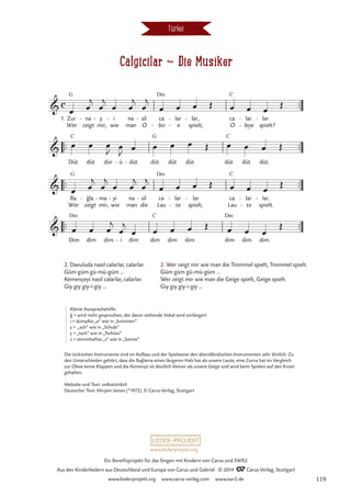 Calgicilar d Die Musiker
Türkei
2. Davuluda nasıl calarlar, calarlar.
Güm güm gü-mü-güm …
Kemençeyi nasıl calarlar, calarlar.
Giy giy giy-i-giy …
2. Wer zeigt mir wie man die Trommel spielt, Trommel spielt.
Güm güm gü-mü-güm …
Wer zeigt mir wie man die Geige spielt, Geige spielt.
Giy giy giy-i-giy …
Die türkischen Instrumente sind im Aufbau und der Spielweise den abendländischen Instrumenten sehr ähnlich. Zu
den Unterschieden gehört, dass die Baglama einen längeren Hals hat als unsere Laute, eine Zurna hat im Vergleich
zur Oboe keine Klappen und die Kemençe ist deutlich kleiner als unsere Geige und wird beim Spielen auf den Knien
gehalten.
Melodie und Text: volkstümlich
Deutscher Text: Mirjam James (*1973), © Carus-Verlag, Stuttgart
ˇ
Kleine Aussprachehilfe:
g = wird nicht gesprochen, der davor stehende Vokal wird verlängert
ı = dumpfes „e” wie in „kommen“
s = „sch“ wie in „Schule”
ç = „tsch“ wie in „Tschüss”
z = stimmhaftes „s” wie in „Sonne”
ˇ
¸
™™
G Dm C
_
™™ ™™
C G C
™™ ™™
G Dm C
™™ ™™
Dm C Dm
c

1. Zur
Wer
na
zeigt
- y
mir,
- i
wie
- na
man
sil
O
- ca
bo
-
lar
e
-
-
lar,
spielt,
- ca
O
lar
boe
-
-
lar.
spielt?
-
-
Calgicilar

Düt düt dür ü
- düt
- düt düt düt düt düt düt.

Ba
Wer
gla
zeigt
- ma
mir,
- yi
wie
- na
man
sil
die
- ca
Lau
lar
te
-
-
lar
spielt,
- ca
Lau
lar
te
-
-
lar.
spielt.
-

Dim dim
˘
dim i
- dim dim dim dim dim dim dim.
œ œ
j
œ
j
œ œ
j
œ
j
œ œ œ Œ œ œ œ
Œ
œ œ œ
J œ
J œ œ œ œ Œ œ œ œ Œ
œ œ
j
œ
j
œ œ
j
œ
j
œ œ œ Œ œ œ œ
Œ
œ œ œ
j
œ
j
œ œ œ œ Œ œ œ œ
Œ
www.liederprojekt.org
Ein Benefizprojekt für das Singen mit Kindern von Carus und SWR2
Aus den Kinderliedern aus Deutschland und Europa von Carus und Gabriel © 2014 CCarus-Verlag, Stuttgart
www.liederprojekt.org www.carus-verlag.com www.swr2.de 119
 