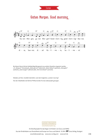 Guten Morgen, Good morning
Europa
™™
3
4

#
Gu
1. D7
ten
- Mor
G
gen,
- gu
D7
ten
- Mor
G
gen!
U
- Good
2.D7
morn
G
ing
- good
D7
morn
G
ing!
U
-
3.
Bue
D7
nos
-
Guten Morgen, good morning (Kanon zu 4 Stimmen)

#
di
G
as,
- bue
D7
nos
- di
G
as!
U
- Ka
4.D7
li
- me
G
- ra,
-
,
ka
D7
li
- me
G
- ra!
U
-
œ
j
œ
j œ œ œ
j
œ
j œ œ œ œ œ œ œ œ œ
J
œ
J
œ œ œ
J
œ
J
œ œ œ
J
œ
J
œ œ œ
J œ
j
œ œ
Bei diesem Kanon können beliebig Begrüßungsworte aus anderen Sprachen eingesetzt werden,
z. B. „Bonjour!“ (französisch), „Buon giorno!“ (italienisch), „Dzien dobry!“ (polnisch), „Günaydın!“
(türkisch), „God morgen!“ (dänisch) oder „Tere hommikust!“ (estnisch).
´
Melodie und Text: mündlich überliefert, nach dem Englischen „London’s burning“
Von den Vokalhelden der Berliner Philharmoniker für das Liederprojekt gesungen.
www.liederprojekt.org
Ein Benefizprojekt für das Singen mit Kindern von Carus und SWR2
Aus den Kinderliedern aus Deutschland und Europa von Carus und Gabriel © 2014 CCarus-Verlag, Stuttgart
www.liederprojekt.org www.carus-verlag.com www.swr2.de 130
 