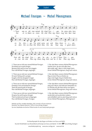 Michael Finnigan d Michel Pfennigmann
England
™™
™™
D7
C

#
1. There
Der
was
al
G
an
te
-
old
Mann
man
na
named
mens
-
Mi
Mi
G/H
chel
chael
-
-
Finn
Pfen
i
nig
-
-
gan.
mann
-
-
He
trug
Am7
grew
sein
whis
Bart
kers
haar
-
-
Michael Finnigan
Michel Pfennigmann

#
on
an
D7
his
dem
chin
Kin
i
ne
-
-
gin.
dran.
- The
Der
wind
Wind
G
came
blies
out
ihm
and
das
blew
Haar
G/H
them
weg
in
ir
a
gend
-
-
gin.
wann.
-
-

#
Poor
Ar
C6
old
mer
-
Mi
Mi chel
chael
-
- Pfen
Finn
1.–4.
G
i
nig
-
- gan,
mann,
-
-
be
fang
gin
noch
- a
mal
- gin.
an.
2.
2.
-
Der
There
Pfen
Finn
5.
G
i
nig
-
- gan.
mann.
-
-
œ œ
j
œ
j
œ œ œ œ œ œ
J œ
j
œ œ œ œ œ
œ œ œ
j
œ
j
œ™
j
œ
r œ œ œ œ œ œ œ
J œ
j
œ
œ œ
œ œ œ
j
œ
j
œ
j
œ
j
œ
j
œ
j
œ
j
œ
j œ
j
œ
j
œ
2. There was an old man named Michael Finnigan.
He kicked up an awful dinigin.
Because they said he must not singagin.
Poor old Michael Finnigan, beginagin.
3. There was an old man named Michael Finnigan.
He went fishing with a pinigin.
Caught a fish but dropped it inagin.
Poor old Michael Finnigan, beginagin.
4. There was an old man named Michael Fiinigan,
Climbed a tree and barked his shinigin.
Took off several yards of skinigin.
Poor old Michael Finnigan, beginagin.
5. There was an old man named Michael Finnigan.
He grew fat and he grew thinagin.
Then he died and we have to beginagin.
Poor old Michael Finnigan, Finnigan.
2. Der alte Mann namens Michel Pfennigmann
machte Lärm, da war echt alles dran,
denn jeder sagt’, dass er nicht singen kann.
Armer Michel Pfennigmann, fang noch mal an.
3. Der alte Mann namens Michel Pfennigmann
fing an einem Fluss zu fischen an.
Zog er die Angel, hing ein Stiefel dran.
Armer Michel Pfennigmann, fang noch mal an.
4. Der alte Mann namens Michel Pfennigmann
stieg auf’n Baum und stieß sein Schienbein an.
Er schürfte sich die Haut ab bis zum Spann.
Armer Michel Pfennigmann, fang noch mal an.
5. Der alte Mann namens Michel Pfennigmann
wurde dick und wurde dünn sodann,
und schließlich starb er, jetzt fang noch mal an.
Armer Michel Pfennigmann, Pfennigmann!
Melodie und Text: mündlich überliefert, 1921 erstmals im Druck erschienen
Deutscher Text: Babette Dieterich (*1972), © Carus-Verlag, Stuttgart
Von den Vokalhelden der Berliner Philharmoniker für das Liederprojekt gesungen.
www.liederprojekt.org
Ein Benefizprojekt für das Singen mit Kindern von Carus und SWR2
Aus den Kinderliedern aus Deutschland und Europa von Carus und Gabriel © 2014 CCarus-Verlag, Stuttgart
www.liederprojekt.org www.carus-verlag.com www.swr2.de 138
 