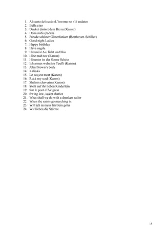 1. Al canto del cucù »L’inverno se n’è andato«
2. Bella ciao
3. Danket danket dem Herrn (Kanon)
4. Dona nobis pacem
5. Freude schöner Götterfunken (Beethoven-Schiller)
6. Good night Ladies
7. Happy birthday
8. Hava nagila
9. Himmesl Au, licht und blau
10. Hine mah tov (Kanon)
11. Hinunter ist der Sonne Schein
12. Ich armes welsches Teufli (Kanon)
13. John Brown’s body
14. Kalinka
15. Le coq est mort (Kanon)
16. Rock my soul (Kanon)
17. Shalom chaverim (Kanon)
18. Steht auf ihr lieben Kinderlein
19. Sur le pont d’Avignon
20. Swing low, sweet chariot
21. What shall we do with a drunken sailor
22. When the saints go marching in
23. Will ich in mein Gärtlein gehn
24. Wir lieben die Stürme
14
 