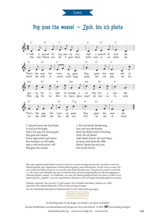 pop goes the weasel d Zack, bin ich pleite
England
1. Half
Hal
C
a
bes
-
pound
Pfund
G7
of
von
tup
bil
C
pen
li
-
-
ny
gem
-
-
rice,
Brot,
half
Schin
C
a
ken,
- ei
pound
G7
of
ne
-
trea
Schei
C
cle.
be.
-
-
That’s
Doch
C
the
die
way
Koh
G7
the
le
-
mon
reicht
C
ey
nicht
- goes.
lang.
Pop
Zack,
F6
goes
bin
G7
the
ich
wea
plei
C
sel!
te!
-
-
A
Ein
pen
Pfen
Am
ny
nig
-
-
for
für
D7
a
’ne
ball
Rol
G
of
le
- Garn,
thread,
Em
a
dann
no
stopf
Am
- ther
ich
- for
mei
D7
a
ne
-
nee
Ta
G
dle.
sche.
-
-
That’s
Lei
F6
the
der
-
way
fehlt
the
die
mon
Na
F6
ey
del
-
-
goes.
mir,
Pop
fort
F6
goes
ist
G7
the
die
wea
A
C
sel.
sche!
-
-
6
8

Pop goes the weasel
Zack, bin ich pleite



C/E
œ œ
j
œ œ
j
œ
j œ
j
œ
j
œ™ œ œ
j
œ œ
j
œ™ œ™
œ œ
j
œ œ
j
œ œ œ
j
œ™
œ™
œ œ
j
œ™ œ
œ
J
œ œ
J œ œ
J œ œ
J œ œ
j œ œ
J œ œ
J œ™ œ™
œ œ
j œ œ
j œ œ
J
œ™ œ™
œ œ
j
œ™ œ™
2. Up and down the City Road,
in and out the Eagle,
that’s the way the money goes.
Pop goes the weasel.
Every night when I get home
the monkey’s on the table,
take a stick and knock it off.
Pop goes the weasel.
2. Auf und ab die Straße lang,
rein und raus die Kneipe.
Doch die Kohle reicht nicht lang.
Zack, bin ich pleite!
Jede Nacht komm’ ich nach Haus,
da laust mich doch der Affe.
Meine Tasche hat ein Loch,
fort ist die Asche!
Wie viele englische Kinderlieder hat dieses Lied einen ernsten Hintergrund, der hier versteckt in einer Art
Geheimsprache, dem sogenannten Cockney Rhyming Slang, einer Reimsprache, mit der man im armen Teil
von London die Polizei verwirrte, nur zwischen den Zeilen deutlich wird. „Pop goes the weasel“ umschreibt
u. a. die in der armen Bevölkerung weit verbreitete Sitte, wertvolle Gegenstände, hier die Sonntagsjacke, in
Cockney-Englisch „weasel“, zu verpfänden, um unter der Woche genügend Geld zum Leben zu haben. Es ist
jedoch genauso „englisch“, aus einer aussichtslosen Situation noch ein lustiges Unterhaltungslied zu machen.
Melodie: englischer Tanz aus dem 17. Jahrhundert; Text: mündlich überliefert, teilweise von 1865
Deutscher Text: Babette Dieterich (*1972), © Carus-Verlag. Stuttgart
Von den Vokalhelden der Berliner Philharmoniker für das Liederprojekt gesungen.
www.liederprojekt.org
Ein Benefizprojekt für das Singen mit Kindern von Carus und SWR2
Aus den Kinderliedern aus Deutschland und Europa von Carus und Gabriel © 2014 CCarus-Verlag, Stuttgart
www.liederprojekt.org www.carus-verlag.com www.swr2.de 144
 