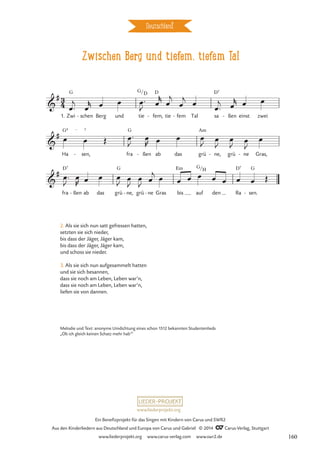 Zwischen Berg und tiefem, tiefem Tal
Deutschland
3
4

#
1. Zwi
G
schen
- Berg und tie
G/D
fem,
D
- tie fem
- Tal sa
D7
ßen
- einst zwei
Zwischen Berg und tiefem, tiefem Tal

#
Ha
G4 €
sen,
3
- fra
G
ßen
- ab das grü
Am
ne,
- grü ne
- Gras,

#
fra
D7
ßen
- ab das grü
G
ne,
- grü ne
- Gras bis
Em
auf
G/H
den Ra
D7
sen.
G
-
œ™
j
œ
r œ œ œ™
J
œ
r
œ
j
œ
j
œ
œ™
j œ
r œ œ
œ œ Œ œ™
J
œ
R œ œ œ
J œ
J
œ
J
œ
J
œ
œ™
J
œ
R œ œ œ
J œ
J
œ
J
œ
j
œ œ œ œ œ œ œ œ Œ
2. Als sie sich nun satt gefressen hatten,
setzten sie sich nieder,
bis dass der Jäger, Jäger kam,
bis dass der Jäger, Jäger kam,
und schoss sie nieder.
3. Als sie sich nun aufgesammelt hatten
und sie sich besannen,
dass sie noch am Leben, Leben war’n,
dass sie noch am Leben, Leben war’n,
liefen sie von dannen.
Melodie und Text: anonyme Umdichtung eines schon 1512 bekannten Studentenlieds
„Ob ich gleich keinen Schatz mehr hab’“
www.liederprojekt.org
Ein Benefizprojekt für das Singen mit Kindern von Carus und SWR2
Aus den Kinderliedern aus Deutschland und Europa von Carus und Gabriel © 2014 CCarus-Verlag, Stuttgart
www.liederprojekt.org www.carus-verlag.com www.swr2.de 160
 
