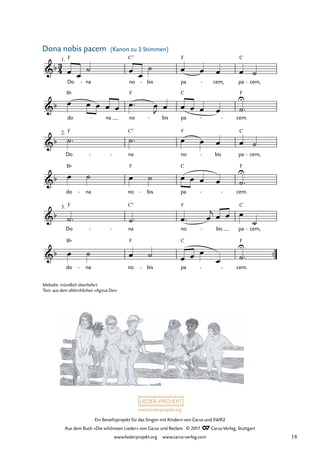 Ein Benefizprojekt für das Singen mit Kindern von Carus und SWR2
Aus dem Buch »Die schönsten Lieder« von Carus und Reclam © 2017 Carus-Verlag, Stuttgart
www.liederprojekt.org www.carus-verlag.com
Melodie: mündlich überliefert
Text: aus dem altkirchlichen »Agnus Dei«
3
4
&b
Do
1. F
na
- no
C7
bis
- pa
F
cem,
- pa
C
cem,
-
6 Dona nobis pacem
Kanon zu 3 Stimmen
&b
do
B¨
na
- no
F
bis
- pa
C
cem.
F
- -
&b
Do
2. F
na
C7
- - no
F
bis
- pa
C
cem,
-
&b
do
B¨
na
- no
F
bis
- pa
C
cem.
F
- -
&b
Do
3. F
na
C7
- - no
F
bis
- pa
C
cem,
-
&b
do
B¨
na
- no
F
bis
- pa
C
cem.
F
- -
™™î
œ œ
˙ œ
œ
˙ œ œ œ œ ˙
œ œ œ œ œ œ ™ œ
J œ œ œ œ œ ˙
U
™
˙™ ˙™ œ œ œ œ ˙
œ ˙ œ ˙ œ œ œ œ ˙
U
™
˙™ ˙™ œ ™ œ
j œ œ œ
˙
œ ˙ œ ˙ œ œ œ
œ ˙
U
™
(Kanon zu 3 Stimmen)
Dona nobis pacem
18
 