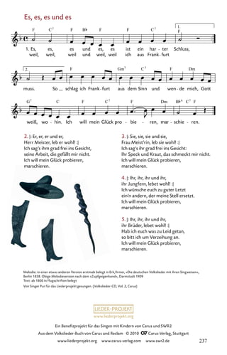 www.liederprojekt.org
Ein Benefizprojekt für das Singen mit Kindern von Carus und SWR2
Aus dem Volkslieder-Buch von Carus und Reclam © 2010 C_Carus-Verlag, Stuttgart
www.liederprojekt.org www.carus-verlag.com www.swr2.de
2. |: Er, er, er und er,
Herr Meister, leb er wohl! :|
Ich sag’s ihm grad frei ins Gesicht,
seine Arbeit, die gefällt mir nicht.
Ich will mein Glück probieren,
marschieren.
Melodie: in einer etwas anderen Version erstmals belegt in Erk/Irmer, »Die deutschen Volkslieder mit ihren Singweisen«,
Berlin 1838. Obige Melodieversion nach dem »Zupfgeigenhansl«, Darmstadt 1909
Text: ab 1800 in Flugschriften belegt
Von Singer Pur für das Liederprojekt gesungen. (Volkslieder-CD, Vol. 2, Carus)
3. |: Sie, sie, sie und sie,
Frau Meist’rin, leb sie wohl! :|
Ich sag’s ihr grad frei ins Gesicht:
Ihr Speck und Kraut, das schmeckt mir nicht.
Ich will mein Glück probieren,
marschieren.
4. |: Ihr, ihr, ihr und ihr,
ihr Jungfern, lebet wohl! :|
Ich wünsche euch zu guter Letzt
ein’n andern, der meine Stell ersetzt.
Ich will mein Glück probieren,
marschieren.
5. |: Ihr, ihr, ihr und ihr,
ihr Brüder, lebet wohl! :|
Hab ich euch was zu Leid getan,
so bitt ich um Verzeihung an.
Ich will mein Glück probieren,
marschieren.
Es, es, es und es
034-1
weiß, wo hin. Ich will mein Glück pro bie ren, mar schie ren.
2.
muss. So schlag ich Frank furt aus dem Sinn und wen de mich, Gott
34 Es ist ein harter Schluss
1. Es,
weil,
es,
weil,
es
weil
und
und
es,
weil,
es
weil
ist
ich
ein
aus
har
Frank
ter
furt
1.
Schluss,
F C F B F F C F
7 7
F Gm C F Dm
7 7
G C F C F Dm B C F
7 7 7
6
237
 