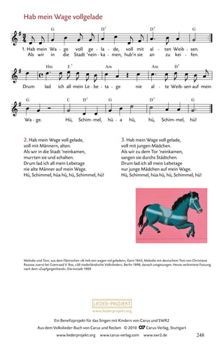 www.liederprojekt.org
Ein Benefizprojekt für das Singen mit Kindern von Carus und SWR2
Aus dem Volkslieder-Buch von Carus und Reclam © 2010 C_Carus-Verlag, Stuttgart
www.liederprojekt.org www.carus-verlag.com www.swr2.de
Hab mein Wage vollgelade
2. Hab mein Wage voll gelade,
voll mit Männern, alten.
Als wir in die Stadt ’neinkamen,
murrten sie und schalten.
Drum lad ich all mein Lebetage
nie alte Männer auf mein Wage.
Hü, Schimmel, hüa hü, hü, Schimmel, hü!
Melodie und Text: aus dem Flämischen »Ik heb een wagen vol geladen«, Gent 1843, Melodie mit deutschem Text von Christiane
Rassow zuerst bei Coenraad V. Bos, »30 niederländische Volkslieder«, Berlin 1898, danach umgesungen. Heute verbreitete Fassung
nach dem »Zupfgeigenhansl«, Darmstadt 1909.
3. Hab mein Wage voll gelade,
voll mit jungen Mädchen.
Als wir zu dem Tor ’neinkamen,
sangen sie durchs Städtchen.
Drum lad ich all mein Lebetage
nur junge Mädchen auf mein Wage.
Hü, Schimmel, hüa hü, hü, Schimmel, hü!
040-1
Wa ge. Hü, Schim mel, hü a hü, hü, Schim mel, hü!
Drum lad ich all mein Le be ta ge nie al te Weib sen auf mein
40 Hab mein Wage vollgelade
1. Hab
Als wir
mein Wa
in
ge
die Stadt
voll ge
’nein
la
ka
de,
men,
voll
hub’n
mit
sie
al
an
ten
zu
Weib
kei
sen.
fen.
G D D G
7 7
Hm Am
G C D G
7
D
E7
Am 7
G
D7
248
 