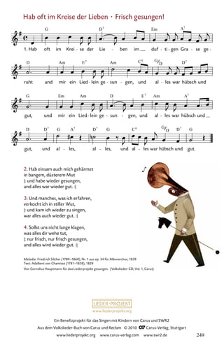 www.liederprojekt.org
Ein Benefizprojekt für das Singen mit Kindern von Carus und SWR2
Aus dem Volkslieder-Buch von Carus und Reclam © 2010 C_Carus-Verlag, Stuttgart
www.liederprojekt.org www.carus-verlag.com www.swr2.de
Hab oft im Kreise der Lieben · Frisch gesungen!
2. Hab einsam auch mich gehärmet
in bangem, düsterem Mut
|: und habe wieder gesungen,
und alles war wieder gut. :|
3. Und manches, was ich erfahren,
verkocht ich in stiller Wut,
|: und kam ich wieder zu singen,
war alles auch wieder gut. :|
4. Sollst uns nicht lange klagen,
was alles dir wehe tut,
|: nur frisch, nur frisch gesungen,
und alles wird wieder gut. :|
041-1
gut, und al les, al les, und al les war hübsch und gut.
gut, und mir ein Lied lein ge sun gen, und al les war hübsch und
ruht und mir ein Lied lein ge sun gen, und al les war hübsch und
41 Hab oft im Kreise der Lieben
1. Hab oft im Krei se der Lie ben im duf ti gen Gra se ge
G D Em A
7 7
D Am E Am C G D
7 6
D
G Em Am D E Am A
7 7
D D G A D G C G D G
7 7 6 7
D
7
7
Melodie: Friedrich Silcher (1789–1860), Nr. 1 aus op. 34 für Männerchor, 1839
Text: Adalbert von Chamisso (1781–1838), 1829
Von Cornelius Hauptmann für das Liederprojekt gesungen. (Volkslieder-CD, Vol. 1, Carus)
249
 
