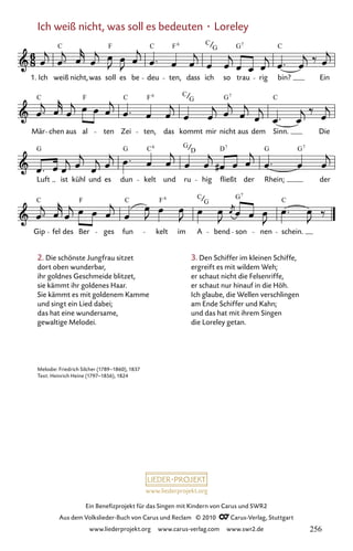 www.liederprojekt.org
Ein Benefizprojekt für das Singen mit Kindern von Carus und SWR2
Aus dem Volkslieder-Buch von Carus und Reclam © 2010 C_Carus-Verlag, Stuttgart
www.liederprojekt.org www.carus-verlag.com www.swr2.de
Ich weiß nicht, was soll es bedeuten · Loreley
2. Die schönste Jungfrau sitzet
dort oben wunderbar,
ihr goldnes Geschmeide blitzet,
sie kämmt ihr goldenes Haar.
Sie kämmt es mit goldenem Kamme
und singt ein Lied dabei;
das hat eine wundersame,
gewaltige Melodei.
048-1
Gip
C
fel des Ber
F
ges fun
C
kelt
F6
im
C
A
G
bend son
G
nen schein.
C
Luft
G
ist kühl und es dun
G C
kelt
6
und
G
ru
D
hig
D
fließt
7
der
G
Rhein;
G7
der
Mär
C
chen aus al
F
ten Zei
C
ten,
F6
das
C
kommt
G
mir
G
nicht
7
aus dem Sinn.
C
Die
48 Ich weiß nicht, was soll es bedeuten
1. Ich
C
weiß nicht,was
F
soll es be
C
deu ten,
F6
dass
C
ich
G
so trau
G7
rig
C
bin? Ein
7
Melodie: Friedrich Silcher (1789–1860), 1837
Text: Heinrich Heine (1797–1856), 1824
3. Den Schiffer im kleinen Schiffe,
ergreift es mit wildem Weh;
er schaut nicht die Felsenriffe,
er schaut nur hinauf in die Höh.
Ich glaube, die Wellen verschlingen
am Ende Schiffer und Kahn;
und das hat mit ihrem Singen
die Loreley getan.
256
 