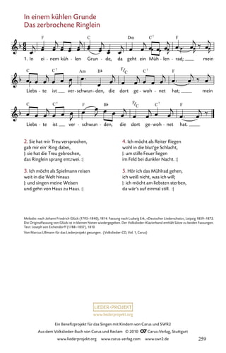 www.liederprojekt.org
Ein Benefizprojekt für das Singen mit Kindern von Carus und SWR2
Aus dem Volkslieder-Buch von Carus und Reclam © 2010 C_Carus-Verlag, Stuttgart
www.liederprojekt.org www.carus-verlag.com www.swr2.de
In einem kühlen Grunde
Das zerbrochene Ringlein
2. Sie hat mir Treu versprochen,
gab mir ein’ Ring dabei,
|: sie hat die Treu gebrochen,
das Ringlein sprang entzwei. :|
3. Ich möcht als Spielmann reisen
weit in die Welt hinaus
|: und singen meine Weisen
und gehn von Haus zu Haus. :|
052-1
Liebs te ist ver schwun den, die dort ge woh net hat.
Liebs te ist ver schwun den, die dort ge woh net hat; mein
52. In einem kühlen Grunde
1. In ei nem küh len Grun de, da geht ein Müh len rad; mein
F C Dm C F
7
C C Am B F C F
7
C
7
C C F B F C F
7
C
7
Melodie: nach Johann Friedrich Glück (1793–1840), 1814. Fassung nach Ludwig Erk, »Deutscher Liederschatz«, Leipzig 1859–1872.
Die Originalfassung von Glück ist in kleinen Noten wiedergegeben. Der Volkslieder-Klavierband enthält Sätze zu beiden Fassungen.
Text: Joseph von Eichendorff (1788–1857), 1810
Von Marcus Ullmann für das Liederprojekt gesungen. (Volkslieder-CD, Vol. 1, Carus)
4. Ich möcht als Reiter fliegen
wohl in die blut’ge Schlacht,
|: um stille Feuer liegen
im Feld bei dunkler Nacht. :|
5. Hör ich das Mühlrad gehen,
ich weiß nicht, was ich will;
|: ich möcht am liebsten sterben,
da wär’s auf einmal still. :|
259
 