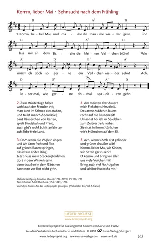 www.liederprojekt.org
Ein Benefizprojekt für das Singen mit Kindern von Carus und SWR2
Aus dem Volkslieder-Buch von Carus und Reclam © 2010 C_Carus-Verlag, Stuttgart
www.liederprojekt.org www.carus-verlag.com www.swr2.de
Komm, lieber Mai · Sehnsucht nach dem Frühling
2. Zwar Wintertage haben
wohl auch der Freuden viel;
man kann im Schnee eins traben,
und treibt manch Abendspiel;
baut Häuserchen von Karten,
spielt Blindekuh und Pfand;
auch gibt’s wohl Schlittenfahrten
aufs liebe freie Land.
3. Doch wenn die Vöglein singen,
und wir dann froh und flink
auf grünen Rasen springen,
das ist ein ander Ding!
Jetzt muss mein Steckenpferdchen
dort in dem Winkel stehn,
denn draußen in dem Gärtchen
kann man vor Kot nicht gehn.
058-1
lie ber Mai, wie ger ne ein mal spa zie ren gehn!
möcht ich doch so ger ne ein Veil chen wie der sehn! Ach,
lass mir an dem Ba che die klei nen Veil chen blühn! Wie
58 Komm, lieber Mai Sehnsucht nach dem Frühling
1. Komm, lie ber Mai, und ma che die Bäu me wie der grün, und
D A D
7
D A D
7
A D A
E
7 7
7
D G
D
A D
6 A 7
Melodie: Wolfgang Amadeus Mozart (1756–1791), KV 596, 1791
Text: Christian Adolf Overbeck (1755–1821), 1776
Von Sibylla Rubens für das Liederprojekt gesungen. (Volkslieder-CD, Vol. 1, Carus)
4. Am meisten aber dauert
mich Fiekchens Herzeleid.
Das arme Mädchen lauert
recht auf die Blumenzeit!
Umsonst hol ich ihr Spielchen
zum Zeitvertreib herbei:
Sie sitzt in ihrem Stühlchen
wie’s Hühnchen auf dem Ei.
5. Ach, wenn’s doch erst gelinder
und grüner draußen wär!
Komm, lieber Mai, wir Kinder,
wir bitten gar zu sehr!
O komm und bring vor allen
uns viele Veilchen mit!
Bring auch viel Nachtigallen
und schöne Kuckucks mit!
265
 