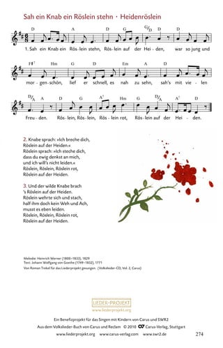 www.liederprojekt.org
Ein Benefizprojekt für das Singen mit Kindern von Carus und SWR2
Aus dem Volkslieder-Buch von Carus und Reclam © 2010 C_Carus-Verlag, Stuttgart
www.liederprojekt.org www.carus-verlag.com www.swr2.de
Sah ein Knab ein Röslein stehn · Heidenröslein
068-1
Freu den. Rös lein, Rös lein, Rös lein rot, Rös lein auf der Hei den.
mor gen schön, lief er schnell, es nah zu sehn, sah’s mit vie len
68 Sah ein Knab ein Röslein stehn
1. Sah ein Knab ein Rös lein stehn, Rös lein auf der Hei den, war so jung und
D A D G D D
Hm G Em A D
A D G A Hm G D A D
7 7
G
D
D
F 7
D
A A
2. Knabe sprach: »Ich breche dich,
Röslein auf der Heiden.«
Röslein sprach: »Ich steche dich,
dass du ewig denkst an mich,
und ich will’s nicht leiden.«
Röslein, Röslein, Röslein rot,
Röslein auf der Heiden.
3. Und der wilde Knabe brach
’s Röslein auf der Heiden.
Röslein wehrte sich und stach,
half ihm doch kein Weh und Ach,
musst es eben leiden.
Röslein, Röslein, Röslein rot,
Röslein auf der Heiden.
Melodie: Heinrich Werner (1800–1833), 1829
Text: Johann Wolfgang von Goethe (1749–1832), 1771
Von Roman Trekel für das Liederprojekt gesungen. (Volkslieder-CD, Vol. 2, Carus)
274
 