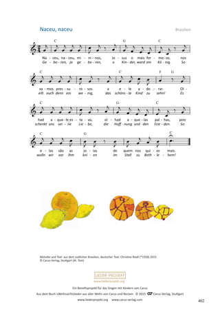 Ein Benefizprojekt für das Singen mit Kindern von Carus
Aus dem Buch »Weihnachtslieder aus aller Welt« von Carus und Reclam © 2015 C_Carus-Verlag, Stuttgart
www.liederprojekt.org www.carus-verlag.com
www.liederprojekt.org
Naceu, naceu  Brasilien
Melodie und Text: aus dem südlichen Brasilien, deutscher Text: Christine Riedl (*1958) 2015
© Carus-Verlag, Stuttgart (dt. Text)
402
 