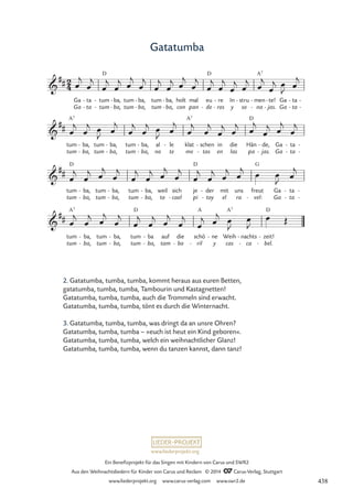 www.liederprojekt.org
Ein Benefizprojekt für das Singen mit Kindern von Carus und SWR2
Aus den Weihnachtsliedern für Kinder von Carus und Reclam © 2014 CCarus-Verlag, Stuttgart
www.liederprojekt.org www.carus-verlag.com www.swr2.de
Gatatumba
2. Gatatumba, tumba, tumba, kommt heraus aus euren Betten,
gatatumba, tumba, tumba, Tambourin und Kastagnetten!
Gatatumba, tumba, tumba, auch die Trommeln sind erwacht.
Gatatumba, tumba, tumba, tönt es durch die Winternacht.
3. Gatatumba, tumba, tumba, was dringt da an unsre Ohren?
Gatatumba, tumba, tumba – »euch ist heut ein Kind geboren«.
Gatatumba, tumba, tumba, welch ein weihnachtlicher Glanz!
Gatatumba, tumba, tumba, wenn du tanzen kannst, dann tanz!
Ga
Ga
ta
ta
-
-
tum
tum
D
-
-
ba,
ba,
-
-
tum
tum
ba,
ba,
-
-
tum
tum
ba,
ba,
-
-
holt
con
mal
pan
eu
de
D
-
re
ros
-
-
In
y
stru
so
- men
na
A7
-
-
te!
jas.
-
-
Ga
Ga
ta
ta
-
-
-
-
tum
tum
A7
ba,
ba,
-
-
tum
tum
ba,
ba,
-
-
tum
tum
ba,
ba,
-
-
al
no
le
te
- klat
me
A7
tas
schen
-
-
in
en
die
las
Hän
pa
D
de,
jas.
-
-
Ga
Ga
ta
ta
-
-
-
-
tum
tum
D
ba,
ba,
-
-
tum
tum
ba,
ba,
-
-
tum
tum
ba,
ba,
-
-
weil
to
sich
cael
-
je
pi
D
der
toy
-
-
mit
el
uns
ra
freut
vel:
G
-
Ga
Ga
ta
ta
-
-
-
-
tum
tum
A7
ba,
ba,
-
-
tum
tum
ba,
ba,
-
-
tum
tum
D
ba
ba,
-
-
auf
tam
die
bo
-
schö
ril
A
-
ne
y
- Weih
cas
A7
nachts
ca
-
-
zeit!
bel.
D
-
-
2
4

##
21 Gatatumba

##

##

##
œ
j
œ
j
œ
j
œ
j œ
j
œ
j
œ
j
œ
j œ
j
œ
j
œ
j
œ
j
œ
j œ
j œ
j
œ
j œ
J
œ
j
œ
j
œ
j œ
J œ
j
œ
j
œ
j œ
J œ
j
œ
j
œ
j
œ
j œ
j
œ
j
œ
j œ
j
œ
j
œ
j
œ
j œ
j
œ
j
œ
j
œ
j œ
j
œ
j
œ
j
œ
j œ
j œ
j œ œ
J œ
j
œ
j
œ
j œ
j
œ
j
œ
j
œ
j œ
j
œ
j
œ
j œ
j œ
J
œ
J
œ Œ
438
 