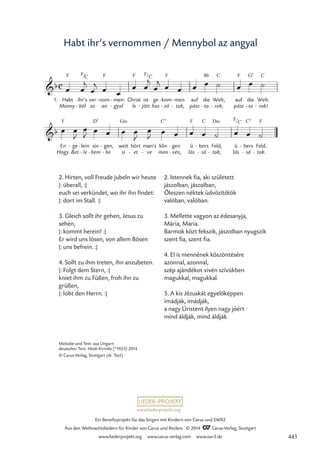www.liederprojekt.org
Ein Benefizprojekt für das Singen mit Kindern von Carus und SWR2
Aus den Weihnachtsliedern für Kinder von Carus und Reclam © 2014 CCarus-Verlag, Stuttgart
www.liederprojekt.org www.carus-verlag.com www.swr2.de
Habt ihr’s vernommen / Mennybol az angyal
2. Hirten, voll Freude jubeln wir heute
|: überall, :|
euch sei verkündet, wo ihr ihn findet:
|: dort im Stall. :|
3. Gleich sollt ihr gehen, Jesus zu
sehen,
|: kommt herein! :|
Er wird uns lösen, von allem Bösen
|: uns befrein. :|
4. Sollt zu ihm treten, ihn anzubeten.
|: Folgt dem Stern, :|
kniet ihm zu Füßen, froh ihn zu
grüßen,
|: lobt den Herrn. :|
1.
Menny
Habt
F
ihr’s
böl
-
ver
az
nom
an
F
- men:
gyal
-
-
Christ
le
F
ist
jött
-
ge
hoz
kom
zá
F
-
-
men
tok,
-
-
auf
pász
die
to
B¨
-
Welt,
rok,
C
-
auf
pász
F
die
to
G7
-
Welt.
rok!
C
-
Hogy
En
F
ge
Bet
- lein
le
-
-
sin
hem
D7
-
gen,
be
-
-
weit
si
G‹
hört
et
- ve
man’s
-
klin
men
C7
gen
vén,
-
-
ü
lás
F
bers
sá
C
-
-
Feld,
tok,
D‹
-
ü
lás
bers
sá
C7
-
-
Feld.
tok.
F
-
c
b
F/C F/C
24 Mennybör az angyal
b
F/C
œ œ
j
œ
j œ œ
œ œ
j
œ
j œ œ œ œ ˙ œ œ ˙
œ œ
J
œ
J œ œ œ œ
J
œ
J œ œ œ œ ˙ œ œ ˙
Melodie und Text: aus Ungarn
deutscher Text: Heidi Kirmße (*1925) 2014
© Carus-Verlag, Stuttgart (dt. Text)
2. Istennek fia, aki született
jászolban, jászolban,
Őleszen néktek üdvözítőtök
valóban, valóban.
3. Mellette vagyon az édesanyja,
Mária, Mária.
Barmok közt fekszik, jászolban nyugszik
szent fia, szent fia.
4. El is mennének köszöntésére
azonnal, azonnal,
szép ajándékot vivén szívükben
magukkal, magukkal.
5. A kis Jézuskát egyelőképpen
imádják, imádják,
a nagy Úristent ilyen nagy jóért
mind áldják, mind áldják.
443
 