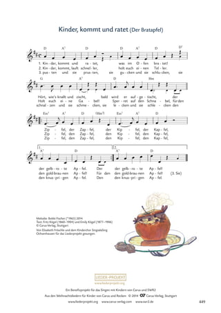 www.liederprojekt.org
Ein Benefizprojekt für das Singen mit Kindern von Carus und SWR2
Aus den Weihnachtsliedern für Kinder von Carus und Reclam © 2014 CCarus-Verlag, Stuttgart
www.liederprojekt.org www.carus-verlag.com www.swr2.de
Kinder, kommt und ratet (Der Bratapfel)
pus
Kin der,
ten
-
- kommt,
und sie
lauft schnel
prus
ler,
ten,
-
- sie gu
holt euch
cken
-
ei
und
nen
sie
-
schlu
Tel ler.
cken,
-
-
sie
schnal
Holt euch
zen
-
ei
und
ne
sie
- Ga
schme -
bel!
cken,
-
sie le
Sper
cken
ret
-
- auf
und
den
sie
Schna
schle
bel,
cken
-
-
für
den
den
™™
™™
den
den
gold
knus
brau
pri
-
-
nen
gen
-
-
Ap
Ap
fel!
fel.
-
-
Für
Den
den den
den
gold
knus
brau
pri
-
-
nen
gen
-
-
Ap
Ap
fel!
fel.
-
-
c

##
1. Kin
2.
3.
D
der,
- kommt
A7
und ra
D
tet,
- was
D
im O
A7
fen
- bra
D
tet!
-
D7
35 Der Bratapfel

##
Hört,
G
wie’s knallt und zischt,
A7
bald wird
D
er auf ge
- tischt,
Hm
- der

##
Zip
Zip
Zip
E‹7
fel,
fel,
fel,
A7
-
-
-
der
den
den
Zap
Zap
Zap
D
fel,
fel,
fel,
-
-
-
( )
Hm7
der
den
den
Kip
Kip
Kip
E‹7
fel,
fel,
fel,
A7
-
-
- der
den
den
Kap
Kap
Kap
D
fel,
fel,
fel,
-
-
-

##
der
A7
gelb ro
- te
- Ap
D
fel.
- Der der
A7
gelb ro
- te
- Ap
D
fel!
-
(3. Sie)
1. 2.
œ œ œ œ œ œ Œ
Ó œ œ œ œ œ œ œ Œ œ
Œ
œ™ œ
J
œ œ
œ
œ œ
Œ
œ
Œ
œ
œ
œ™ œ
j
œ œ
œ
œ˙
Œ
œ
Œ
œ
œ œ
œ™ œ
j œ œ œ œ Œ
œ œ™ œ
j œ œ œ œ Ó
œ œ œ
œ œ œ
Œ
œ
œ œ œ œ œ
œ
Œ œ
œ œ
Melodie: Bobbi Fischer (*1965) 2014
Text: Fritz Kögel (1860–1904) und Emily Kögel (1877–1906)
© Carus-Verlag, Stuttgart
Von Elisabeth Fröschle und dem Kinderchor SingsalaSing
Ochsenhausen für das Liederprojekt gesungen.
449
 