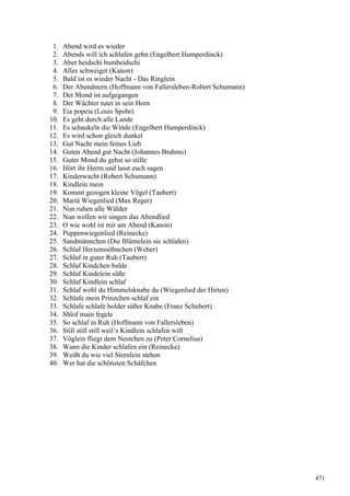 1. Abend wird es wieder
2. Abends will ich schlafen gehn (Engelbert Humperdinck)
3. Aber heidschi bumbeidschi
4. Alles schweiget (Kanon)
5. Bald ist es wieder Nacht - Das Ringlein
6. Der Abendstern (Hoffmann von Fallersleben-Robert Schumann)
7. Der Mond ist aufgegangen
8. Der Wächter tutet in sein Horn
9. Eia popeia (Louis Spohr)
10. Es geht durch alle Lande
11. Es schaukeln die Winde (Engelbert Humperdinck)
12. Es wird schon gleich dunkel
13. Gut Nacht mein feines Lieb
14. Guten Abend gut Nacht (Johannes Brahms)
15. Guter Mond du gehst so stille
16. Hört ihr Herrn und lasst euch sagen
17. Kinderwacht (Robert Schumann)
18. Kindlein mein
19. Kommt gezogen kleine Vögel (Taubert)
20. Mariä Wiegenlied (Max Reger)
21. Nun ruhen alle Wälder
22. Nun wollen wir singen das Abendlied
23. O wie wohl ist mir am Abend (Kanon)
24. Puppenwiegenlied (Reinecke)
25. Sandmännchen (Die Blümelein sie schlafen)
26. Schlaf Herzenssöhnchen (Weber)
27. Schlaf in guter Ruh (Taubert)
28. Schlaf Kindchen balde
29. Schlaf Kindelein süße
30. Schlaf Kindlein schlaf
31. Schlaf wohl du Himmelsknabe du (Wiegenlied der Hirten)
32. Schlafe mein Prinzchen schlaf ein
33. Schlafe schlafe holder süßer Knabe (Franz Schubert)
34. Shlof main fegele
35. So schlaf in Ruh (Hoffmann von Fallersleben)
36. Still still still weil’s Kindlein schlafen will
37. Vöglein fliegt dem Nestchen zu (Peter Cornelius)
38. Wann die Kinder schlafen ein (Reinecke)
39. Weißt du wie viel Sternlein stehen
40. Wer hat die schönsten Schäfchen
471
 