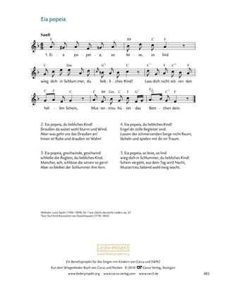 037-1
hel len Schein, Mut ter treu hü tet das Bett chen dein.
wieg dich in Schlum mer, du lieb li ches Kind! Lass dich nicht stö ren den
37. Wiegenlied „Eia popeia“
Sanft
1. Ei a po pei a, so lei se, so lind
F B C F
C Dm G C C F C F
7 7 7
C F C F B Gm C F G
F
7
C C F
7
www.liederprojekt.org
Ein Benefizprojekt für das Singen mit Kindern von Carus und SWR2
Aus dem Wiegenlieder-Buch von Carus und Reclam © 2010 C_Carus-Verlag, Stuttgart
www.liederprojekt.org www.carus-verlag.com www.swr2.de
11
Melodie: Louis Spohr (1784–1859), Nr. 1 aus »Sechs deutsche Lieder« op. 25
Text: Karl Emil Konstantin von Goechhausen (1778–1855)
Eia popeia
2. Eia popeia, du liebliches Kind!
Draußen da wütet wohl Sturm und Wind.
Aber was geht uns das Draußen an!
Innen ist Ruhe und draußen ist Wahn!
3. Eia popeia, geschwinde, geschwind
schließe die Äuglein, du liebliches Kind.
Mancher, ach, schlösse die seinen so gern!
Aber es bleibet der Schlummer ihm fern.
4. Eia popeia, du liebliches Kind!
Engel dir stille Begleiter sind.
Lassen der schmerzenden Sorge nicht Raum,
lächeln und spielen mit dir im Traum.
5. Eia popeia, so leise, so lind
wieg dich in Schlummer, du liebliches Kind!
Schein vergeht, aus dem Tag wird Nacht,
Muttertreu liebend wohl ewig wacht.
481
 