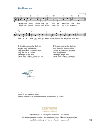 008-1
men. Ei a Wie ge, Wie ge mein, schlaf, mein Kind lein, schlaf nun ein.
8. Kindlein mein
1. Kind
Und der
lein mein,
Mond kommt
schlaf doch
auch
ein,
schon
weil
wie
die
der
Stern
an
lein
ge
kom
schwom
men.
1.
F C F C C F C F
2.
C C
F F
7 7
7 7
F
www.liederprojekt.org
Ein Benefizprojekt für das Singen mit Kindern von Carus und SWR2
Aus dem Wiegenlieder-Buch von Carus und Reclam © 2010 C_Carus-Verlag, Stuttgart
www.liederprojekt.org www.carus-verlag.com www.swr2.de
17
Die 2. Strophe ist in zwei Varianten überliefert.
Melodie und Text: Volkslied aus Mähren
Von Birgid Steinberger für das Liederprojekt gesungen. (Wiegenlieder-CD, Vol. 1, Carus)
Kindlein mein
2. Kindlein mein, schlaf doch ein,
Vöglein fliegt vom Baume;
fliegt geschwind zu meinem Kind,
singt ihm vor im Traume.
Eia Wiege, Wiege mein,
schlaf, mein Kindlein, schlaf nun ein.
2. Kindlein mein, schlaf doch ein,
denn die Nacht kommt nieder.
Und der Wind summt dem Kind
seine Wiegenlieder.
Eia Wiege, Wiege mein,
schlaf, mein Kindlein, schlafe ein.
492
 