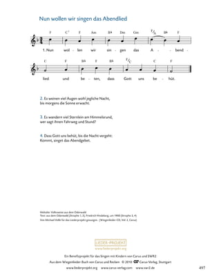 018-1
C
lied und
F
be
B
ten,
F
dass
B
Gott
F
C
uns be
C
hüt.
F
18. Nun wollen wir singen das Abendlied
1. Nun
F
wol
C7
len
F Am
wir sin
B
gen
Dm Gm
das A
F
A
bend
F
B
www.liederprojekt.org
Ein Benefizprojekt für das Singen mit Kindern von Carus und SWR2
Aus dem Wiegenlieder-Buch von Carus und Reclam © 2010 C_Carus-Verlag, Stuttgart
www.liederprojekt.org www.carus-verlag.com www.swr2.de
22
Melodie: Volksweise aus dem Odenwald
Text: aus dem Odenwald (Strophe 1, 2), Friedrich Hindelang, um 1900 (Strophe 3, 4)
Von Michael Volle für das Liederprojekt gesungen. (Wiegenlieder-CD, Vol. 2, Carus)
Nun wollen wir singen das Abendlied
2. Es weinen viel Augen wohl jegliche Nacht,
bis morgens die Sonne erwacht.
3. Es wandern viel Sternlein am Himmelsrund,
wer sagt ihnen Fahrweg und Stund?
4. Dass Gott uns behüt, bis die Nacht vergeht:
Kommt, singet das Abendgebet.
497
 