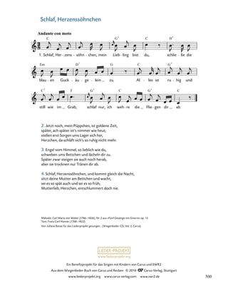 026-1
still wie im Grab, schlaf nur, ich weh re die Flie gen dir ab.
blau en Guck äu ge lein zu. Al les ist ru hig und
26. Wiegenlied „Schlaf, Herzenssöhnchen“
1. Schlaf, Her zens söhn chen, mein Lieb ling bist du, schlie ße die
Andante con moto
C G C H
7 7
Em D G C G
7 7
C F G C G C
7 7 7
www.liederprojekt.org
Ein Benefizprojekt für das Singen mit Kindern von Carus und SWR2
Aus dem Wiegenlieder-Buch von Carus und Reclam © 2010 C_Carus-Verlag, Stuttgart
www.liederprojekt.org www.carus-verlag.com www.swr2.de
37
Melodie: Carl Maria von Weber (1786–1826), Nr. 2 aus »Fünf Gesänge mit Gitarre« op. 13
Text: Franz Carl Hiemer (1768–1822)
Von Juliane Banse für das Liederprojekt gesungen. (Wiegenlieder-CD, Vol. 2, Carus)
Schlaf, Herzenssöhnchen
2. Jetzt noch, mein Püppchen, ist goldene Zeit,
später, ach später ist‘s nimmer wie heut;
stellen erst Sorgen ums Lager sich her,
Herzchen, da schläft sich‘s so ruhig nicht mehr.
3. Engel vom Himmel, so lieblich wie du,
schweben ums Bettchen und lächeln dir zu.
Später zwar steigen sie auch noch herab,
aber sie trocknen nur Tränen dir ab.
4. Schlaf, Herzenssöhnchen, und kommt gleich die Nacht,
sitzt deine Mutter am Bettchen und wacht,
sei es so spät auch und sei es so früh,
Mutterlieb, Herzchen, entschlummert doch nie.
500
 