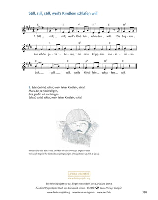 011-1
Still, still, still, weil’s Kind lein schla fen will.
tun schön ju bi lie ren, bei dem Kripp lein mu si zie ren.
11. Still, still, still, weil’s Kindlein schlafen will
1. Still, still, still, weil’s Kind lein schla fen will. Die Eng lein
E E A H E H
6 7 7
E H E
E E
H
A6 7
7
E
www.liederprojekt.org
Ein Benefizprojekt für das Singen mit Kindern von Carus und SWR2
Aus dem Wiegenlieder-Buch von Carus und Reclam © 2010 C_Carus-Verlag, Stuttgart
www.liederprojekt.org www.carus-verlag.com www.swr2.de
39
Melodie und Text: Volksweise, um 1800 im Salzkammergut aufgeschrieben
Von Sarah Wegener für das Liederprojekt gesungen. (Wiegenlieder-CD, Vol. 2, Carus)
Still, still, still, weil’s Kindlein schlafen will
2. Schlaf, schlaf, schlaf, mein liebes Kindlein, schlaf.
Maria tut es niedersingen,
ihre große Lieb darbringen.
Schlaf, schlaf, schlaf, mein liebes Kindlein, schlaf.
510
 