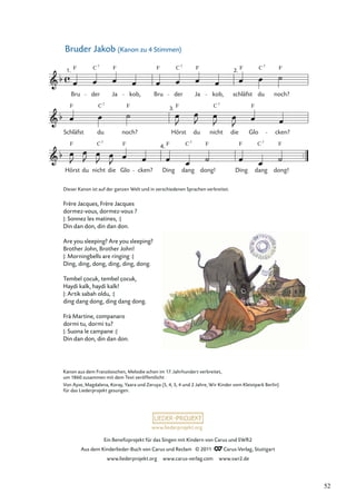 Ein Beneﬁzprojekt für das Singen mit Kindern von Carus und SWR2
Aus dem Kinderlieder-Buch von Carus und Reclam © 2011 Carus-Verlag, Stuttgart
www.liederprojekt.org www.carus-verlag.com www.swr2.de
www.liederprojekt.org
Bruder Jakob (Kanon zu 4 Stimmen)
Dieser Kanon ist auf der ganzen Welt und in verschiedenen Sprachen verbreitet.
Frère Jacques, Frère Jacques
dormez-vous, dormez-vous ?
|: Sonnez les matines, :|
Din dan don, din dan don.
Are you sleeping? Are you sleeping?
Brother John, Brother John!
|: Morningbells are ringing :|
Ding, ding, dong, ding, ding, dong.
Tembel çocuk, tembel çocuk,
Haydi kalk, haydi kalk!
|: Artik sabah oldu, :|
ding dang dong, ding dang dong.
Frà Martine, companaro
dormi tu, dormi tu?
|: Suona le campane :|
Din dan don, din dan don.
3.
Hörst du nicht die Glo cken?
4.
Ding dang dong! Ding dang dong!
Schläfst du noch? Hörst du nicht die Glo cken?
1.
Bru
F
der Ja kob, Bru der Ja kob,
2.
schläfst du noch?
C7
F F C7
F F F
C7
F F F F
C7
C7
F F F F F F
C7
C7
C7
Kanon aus dem Französischen, Melodie schon im 17. Jahrhundert verbreitet,
um 1860 zusammen mit dem Text veröffentlicht
Von Ayse, Magdalena, Koray, Yaara und Zeruya (5, 4, 5, 4 und 2 Jahre, Wir Kinder vom Kleistpark Berlin)
für das Liederprojekt gesungen.
52
 