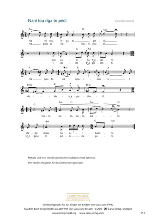 Ein Benefizprojekt für das Singen mit Kindern von Carus und SWR2
Aus dem Buch Wiegenlieder aus aller Welt von Carus und Reclam © 2013 C_Carus-Verlag, Stuttgart
www.liederprojekt.org www.carus-verlag.com
www.liederprojekt.org
Nani tou riga to pedi Griechenland
lau 51
ki' o
vle pe
pou
mou
to
Am
po
to A
3
ni
i
na ya
Gian
G
ni.
ni.
G
Na ni, na
Am
ni, na ni, na
Am
ni,
G
do
F m
de k' a po sto
F m
li.
Na
A
pou to na
F m
nou ri zou si
A
i
tou
i
va
do de
si
k' a
lia
po
t' a go
sto
Am
li.
ni.
18 Nanourisma Kalymnou
Na
Na
Am
ni
pou
tou
to na
ri ga to
nou ri
G
pe
zou
di,
si
Am
G
E
E A
G
Am
Melodie und Text: von der griechischen Dodekanes-Insel Kalymnos
Von Vassilios Vougiatzis für das Liederprojekt gesungen.
553
 