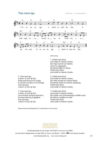 Ein Benefizprojekt für das Singen mit Kindern von Carus und SWR2
Aus dem Buch Wiegenlieder aus aller Welt von Carus und Reclam © 2013 C_Carus-Verlag, Stuttgart
www.liederprojekt.org www.carus-verlag.com
www.liederprojekt.org
Tuta nana tgu Schweiz / Graubünden
do mis dus; tu ta na na tgu e dorm' el num de Diu.
bab vegn ze ra, lunsch ei ius, la mum ma e ra
42 Tuta nana tgu
Tu ta na na tgu e dorm' el num de Diu. Il
1.
D A D G D
Em A D A
D G A D
7
7 7 7
7 7
lau 44
A
Em
Hm A7
Rätoromanisches Wiegenlied aus Graubünden in der Schweiz
2. Tuta nana tgu
e dorm' el num de Diu.
Il bab quel porta
_in bi cavagl,
la mumma cumpra in bi termagl;
tuta nana tgu
e dorm' el num de Diu.
3. Tuta nana tgu
e dorm' el num de Diu.
Las tschuttas tschittas dorman è,
las biuas dorman
_el ghiglinè;
tuta nana tgu
e dorm' el num de Diu.
Übersetzung
1. Schlaf mein Kind,
und schlaf im Namen Gottes.
Der Vater kommt am Abend,
weit ist er gegangen,
die Mutter blieb zu Hause.
Schlaf mein Kind,
und schlaf im Namen Gottes.
2. Schlaf mein Kind,
und schlaf im Namen Gottes.
Der Vater bringt ein schönes Pferd,
die Mutter kauft ein schönes Spielzeug.
Schlaf mein Kind,
und schlaf im Namen Gottes.
3. Schlaf mein Kind,
und schlaf im Namen Gottes.
Die Schafe und Schmetterlinge schlafen auch,
die Hühner schlafen im Stall.
Schlaf mein Kind,
und schlaf im Namen Gottes.
571
 