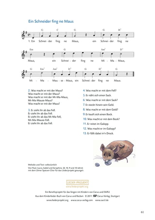 Ein Beneﬁzprojekt für das Singen mit Kindern von Carus und SWR2
Aus dem Kinderlieder-Buch von Carus und Reclam © 2011 Carus-Verlag, Stuttgart
www.liederprojekt.org www.carus-verlag.com www.swr2.de
www.liederprojekt.org
Ein Schneider ﬁng ne Maus
2. Was macht er mit der Maus?
Was macht er mit der Maus?
Was macht er mit der Mi-Ma-Maus,
Mi-Ma-Mause-Maus?
Was macht er mit der Maus?
3. Er zieht ihr ab das Fell.
Er zieht ihr ab das Fell.
Er zieht ihr ab das Mi-Ma-Fell,
Mi-Ma-Mause-Fell.
Er zieht ihr ab das Fell.
G
Mi
Em
Ma
7
Mau
Am7
se Maus,
D7
ein Schnei
G
der fing ne
D7
G
Maus.
Maus,
Em
ein Schnei
G
der fing ne Mi
Am7
Ma Maus,
D7
Ein Schnei
G
der fing ne Maus,
G
ein Schnei der
H
fing
7
ne
1.
G
C
Melodie und Text: volkstümlich
Von Paul, Laura, Isabel und Seraphina (8, 10, 9 und 10 Jahre)
mit dem Ulmer Spatzen Chor für das Liederprojekt gesungen.
4. Was macht er mit dem Fell?
5. Er näht sich einen Sack.
6. Was macht er mit dem Sack?
7. Er steckt hinein sein Geld.
8. Was macht er mit dem Geld?
9. Er kauft sich einen Bock.
10. Was macht er mit dem Bock?
11. Er reitet im Galopp.
12. Was macht er im Galopp?
13. Er fällt dabei in’n Dreck.
61
 