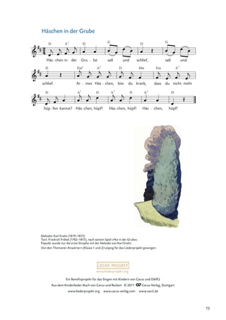 Ein Beneﬁzprojekt für das Singen mit Kindern von Carus und SWR2
Aus dem Kinderlieder-Buch von Carus und Reclam © 2011 Carus-Verlag, Stuttgart
www.liederprojekt.org www.carus-verlag.com www.swr2.de
www.liederprojekt.org
Häschen in der Grube
hüp fen kannst? Häs chen, hüpf! Häs chen, hüpf! Häs chen, hüpf!
schlief. Ar mes Häs chen, bist du krank, dass du nicht mehr
Häs chen in der Gru be saß und schlief, saß und
D D D G
G
A7
D D
Em A A
Em
Hm
7 7 7
D D D D
A A A
7 7 7
Melodie: Karl Enslin (1819–1875)
Text: Friedrich Fröbel (1782–1875), nach seinem Spiel »Nix in der Grube«.
Populär wurde nur die erste Strophe mit der Melodie von Karl Enslin.
Von den Thomaner-Anwärtern (Klasse 1 und 2) Leipzig für das Liederprojekt gesungen.
75
 